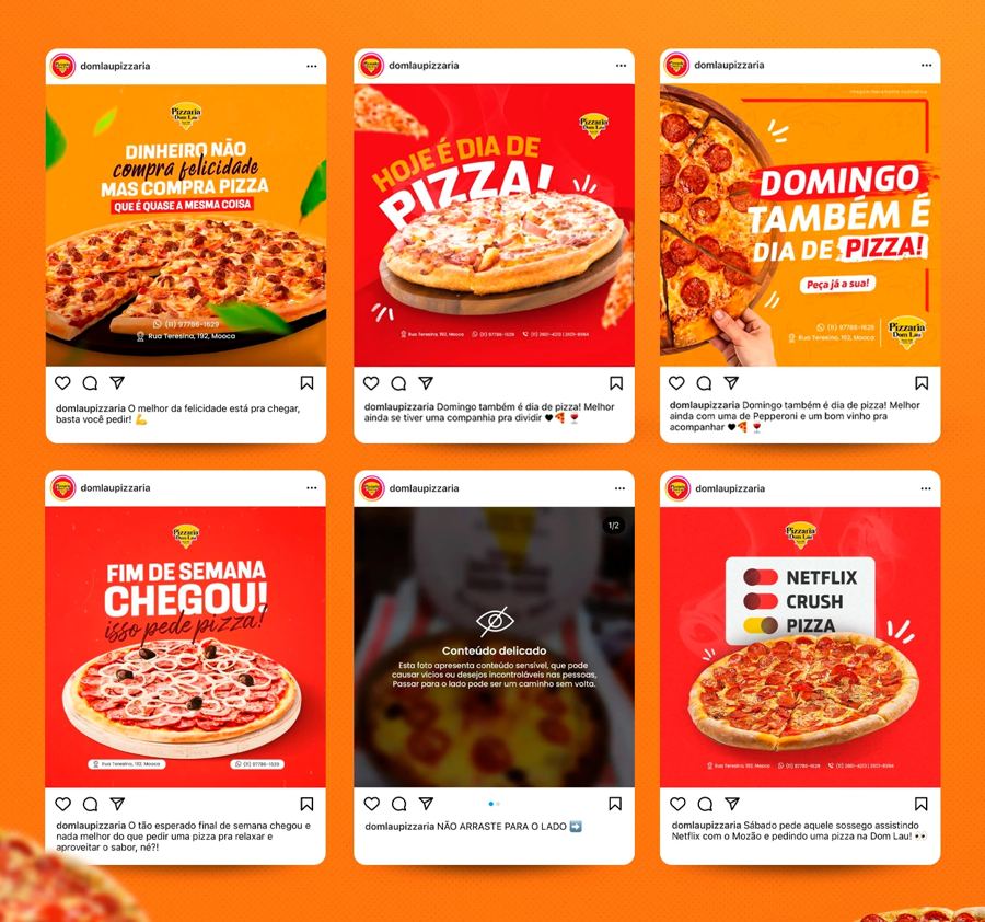 Publicações de uma pizzaria no feed