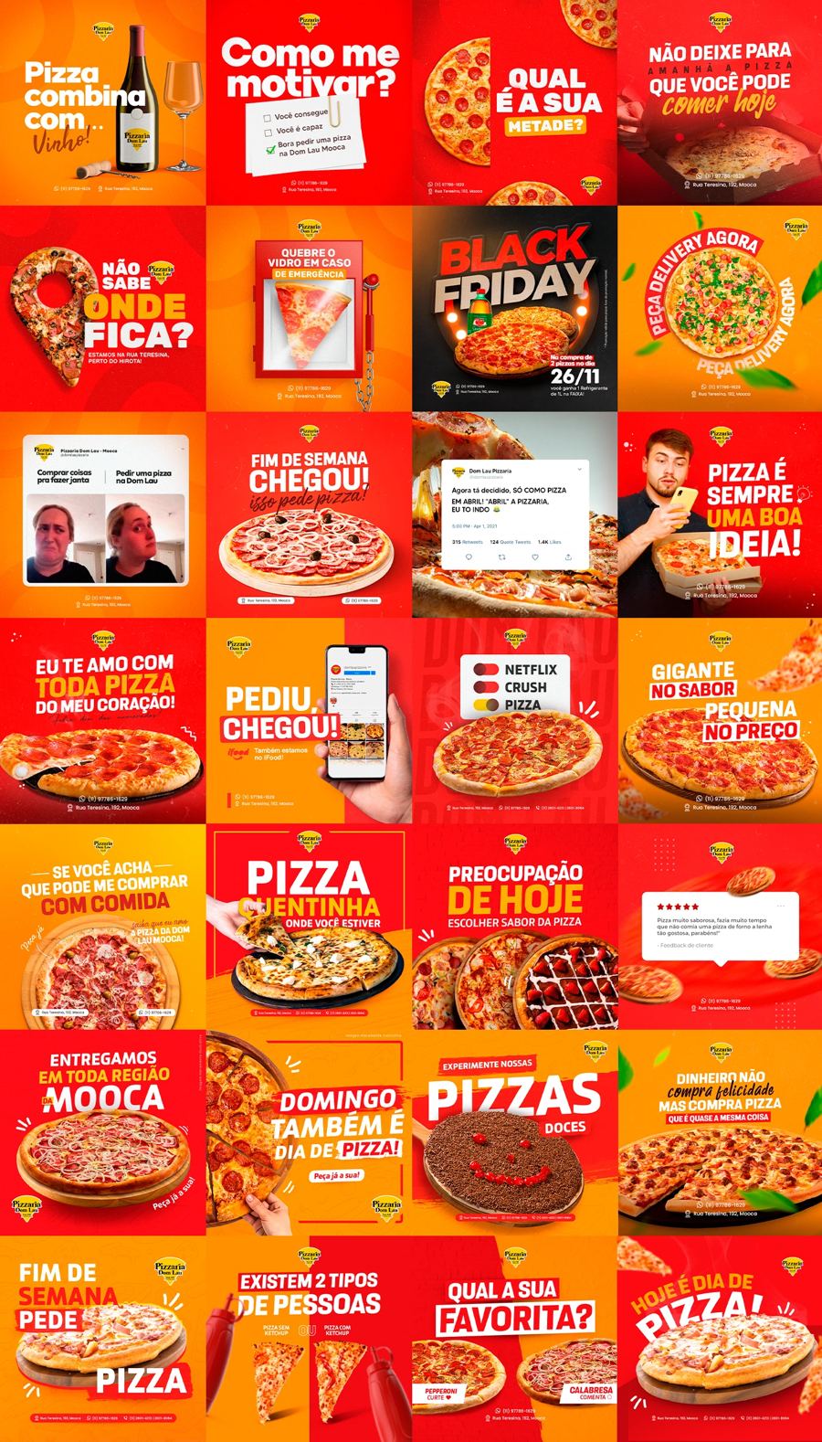 Mosaico de publicações de uma pizzaria